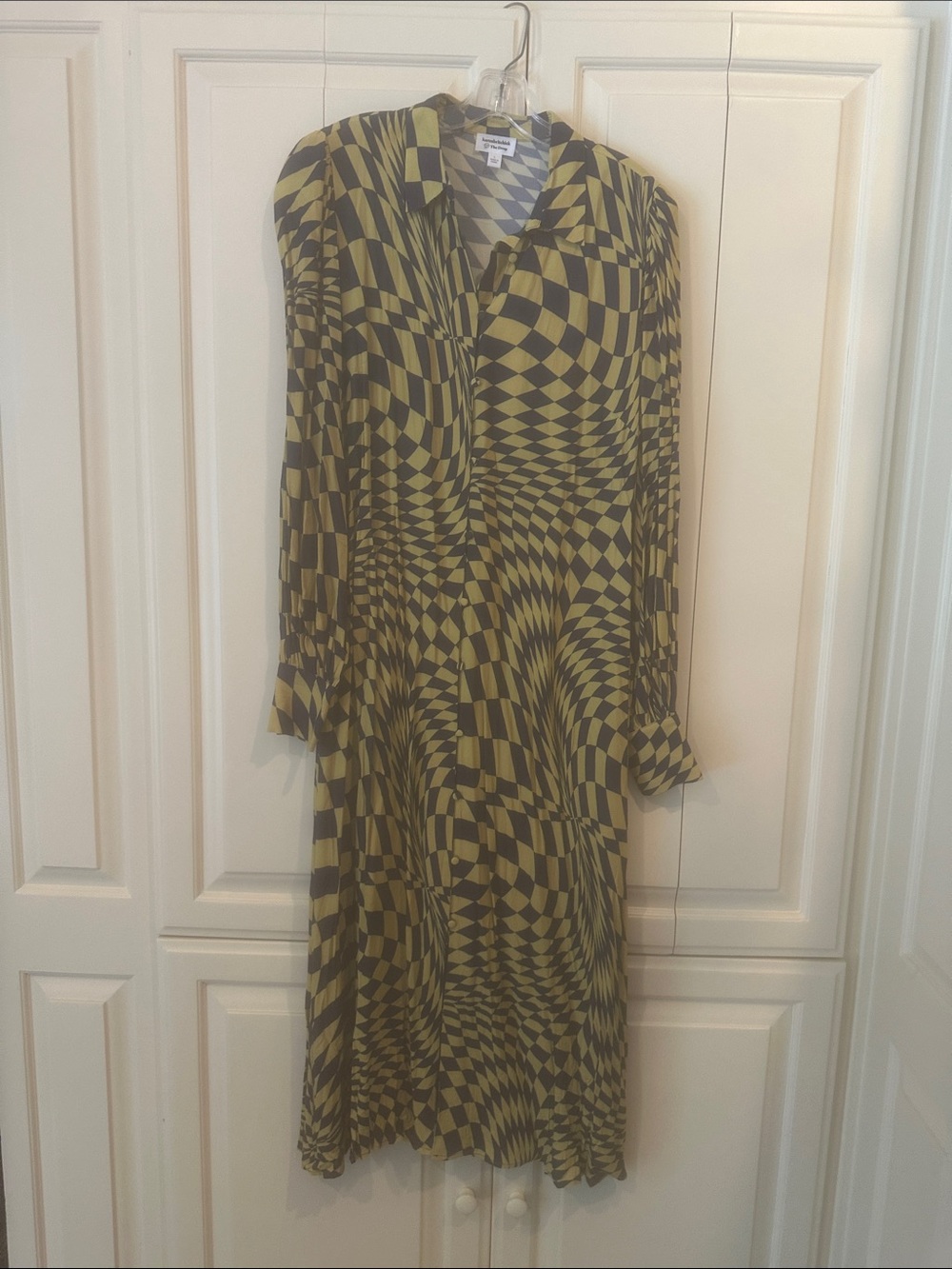 Optical Check Long Sleeve Midi Dress in yellow and navy by The Drop
